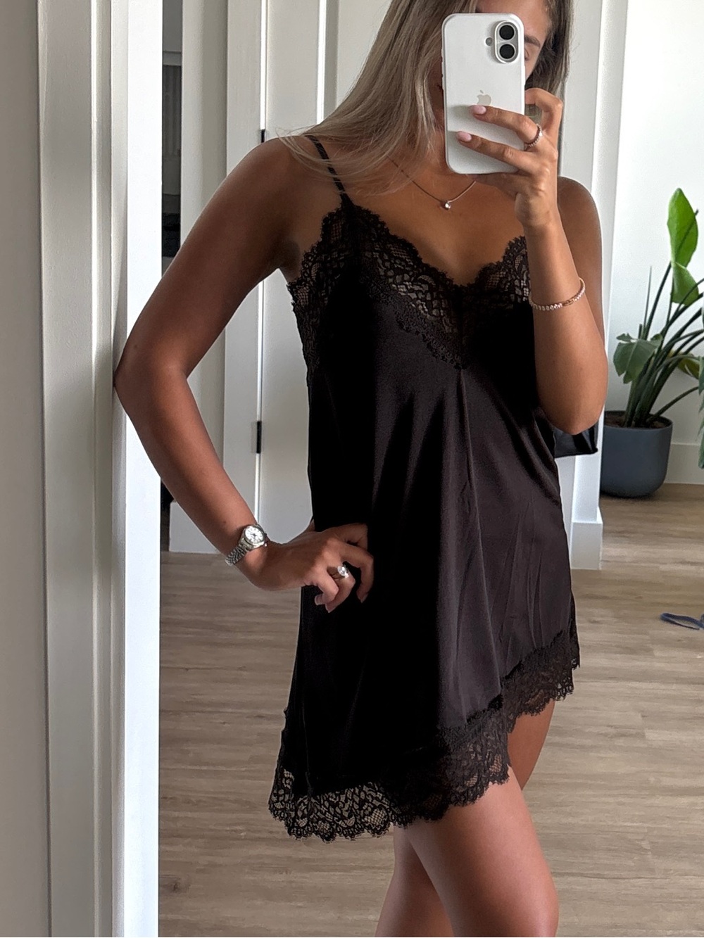 H&M Brown Lace Trim Satin Chemise dress - Picture 2 of 2
